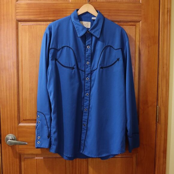 Scully Vintage Blue Western Pearl Snap Rockabilly Mens Snap Button Shirt LG - Picture 2 of 16